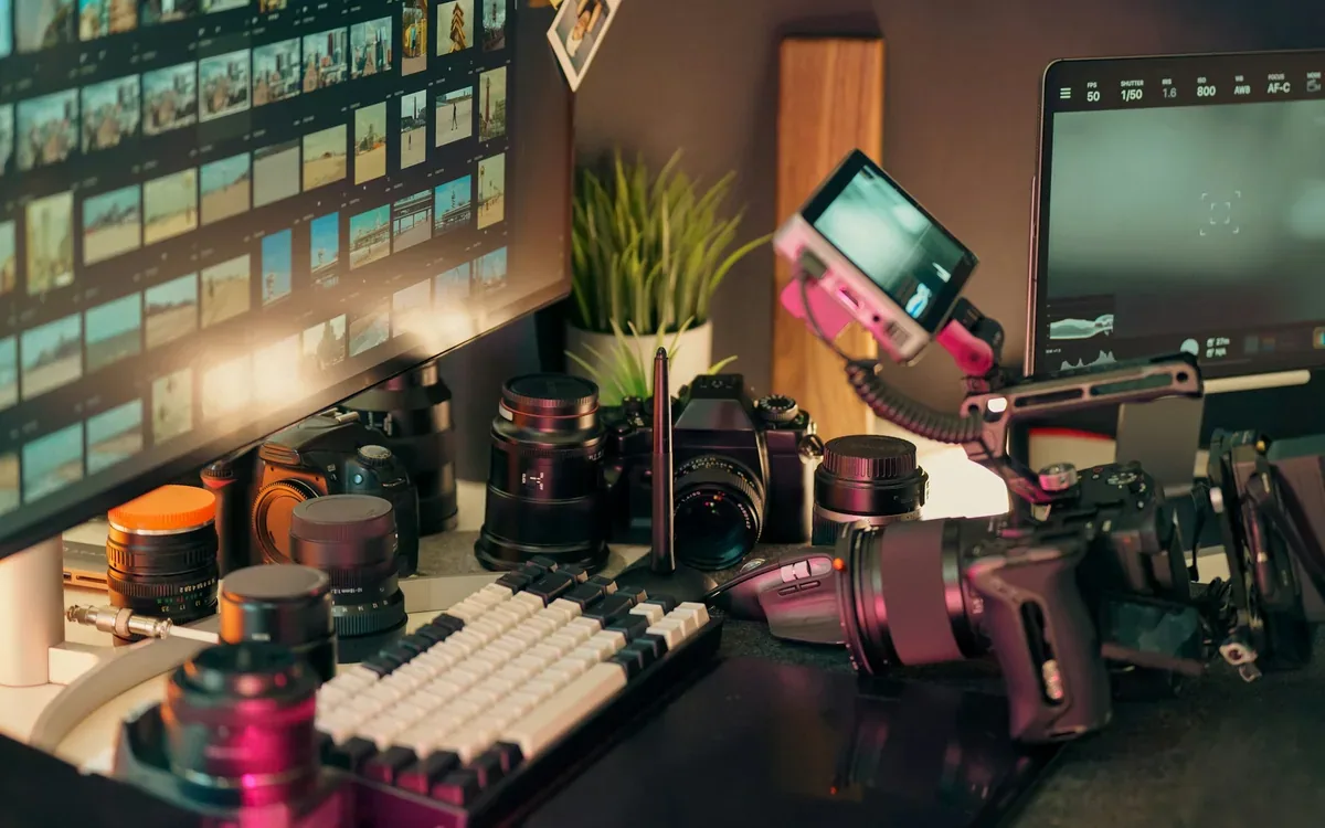 Cámaras, lentes y monitores en un espacio de producción de contenido digital