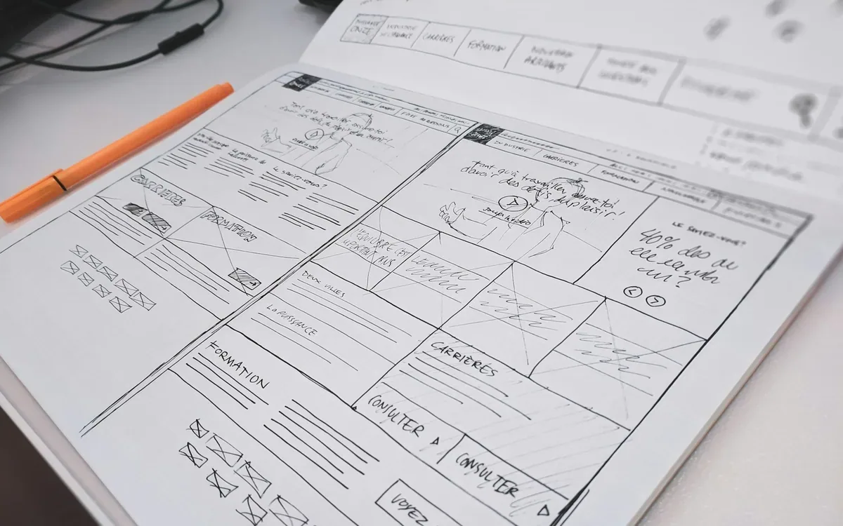 Wireframes de una página web dibujados sobre papel junto a un lápiz